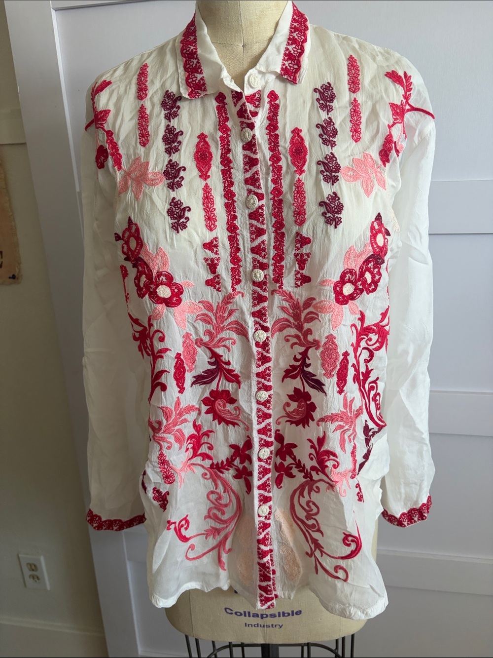 Johnny Was White Blouse with Pink and Red Embroidery